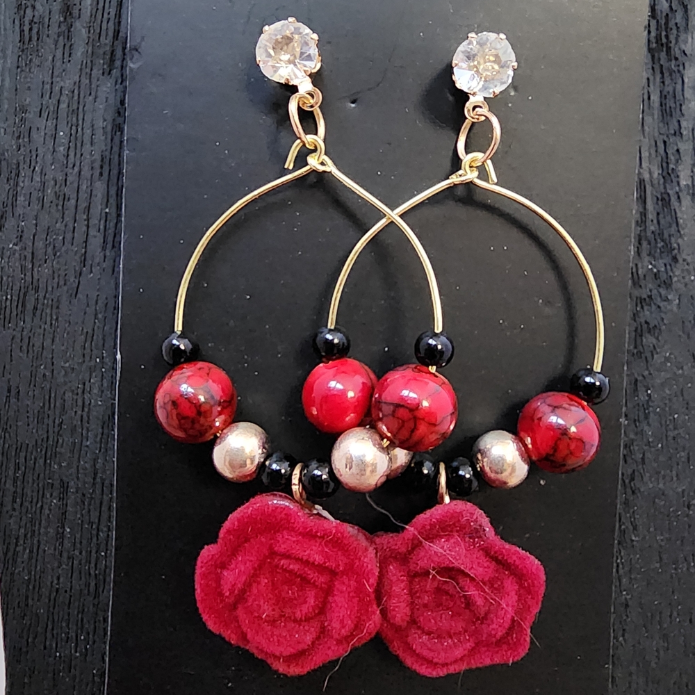 BrazenSoul Red Rose Hoop Romantic Statement Earrings